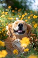 ai généré printemps remuer une magnifique bannière avec une content chien dans la nature photo