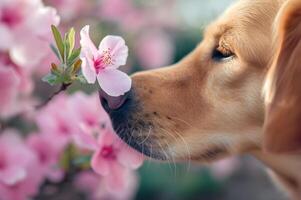 ai généré pétale jouer magnifique printemps bannière capturer le joie de une content chien photo