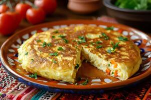 ai généré culinaire fête Espagnol omelette servi dans d'inspiration folk splendeur photo