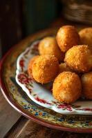 ai généré jambon croquette délice croquetas de confiture sur une ancien plat photo