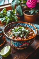 ai généré pozole la perfection traditionnel mexicain bol dans livre de recettes style photo