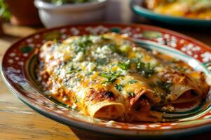 ai généré enchanteur enchiladas une fête sur une populaire céramique assiette photo