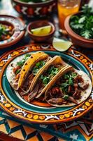 ai généré aromatique tacos Al pasteur traditionnel poterie et livre de recettes style photo