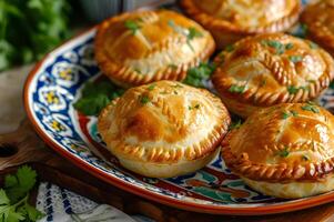 ai généré authentique brésilien les saveurs mini Viande tartes sur à motifs folkloriques plateau photo