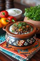 ai généré culinaire tradition baiao de dois dans une de style folklorique ustensiles de cuisine photo