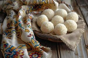 ai généré sucré élégance beijinho noix de coco truffes sur une à motifs folkloriques nappe de table photo