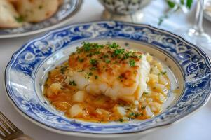 ai généré traditionnel Portugais nourriture la photographie bacalhau plat présentation photo