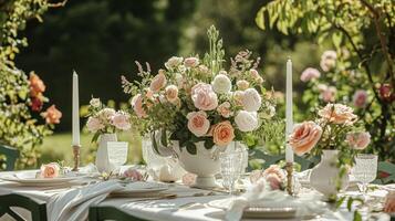 jardin fête paysage de table, élégance avec floral table décor photo