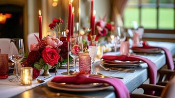 ai généré valentines journée paysage de table et table décor, romantique table réglage avec fleurs, formel dîner et date, magnifique coutellerie et vaisselle photo