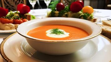 ai généré tomate crème soupe dans une restaurant, Anglais campagne exquis cuisine menu, culinaire art nourriture et bien à manger photo