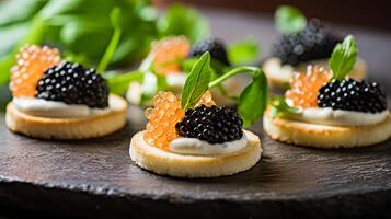 ai généré nourriture, hospitalité et pièce service, entrée apéritifs avec caviar comme exquis cuisine dans Hôtel restaurant une la carte menu, culinaire art et bien à manger photo