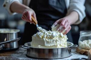 ai généré femme décorer délicieux gâteau avec Frais crème. fait maison Pâtisserie. génératif ai photo