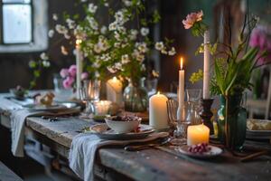 ai généré rustique Pâques table réglage avec bougies. génératif ai photo