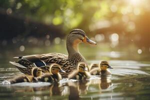 ai généré mère canard et sa canetons dans une étang. génératif ai photo