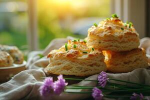 ai généré scones avec fromage et vert oignon. Cheddar et ciboulette des biscuits. génératif ai photo