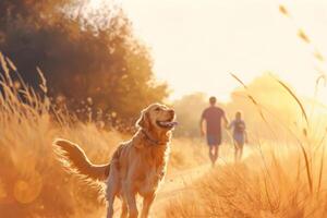 ai généré chien joindre une famille faire du jogging. content famille avec chien fonctionnement en plein air. génératif ai photo