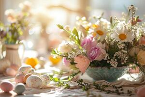 ai généré Pâques des œufs et fleurs. floral composition entouré par Pâques décor. génératif ai photo