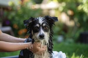 ai généré chien prise une une baignoire dans le cour. génératif ai photo