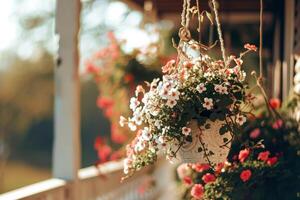 ai généré pendaison paniers de épanouissement printemps fleurs. génératif ai photo