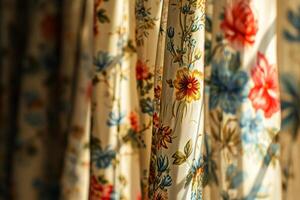 ai généré floral à motifs rideau sur ensoleillé lumière Contexte . génératif ai photo