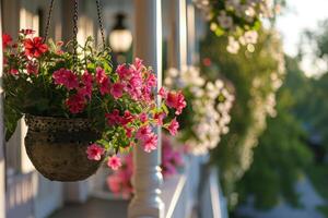 ai généré pendaison paniers de épanouissement printemps fleurs. génératif ai photo