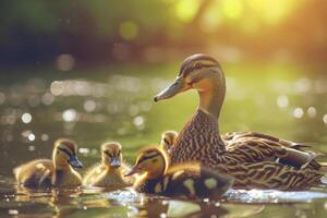 ai généré mère canard et sa canetons dans une étang. génératif ai photo