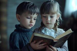 ai généré caucasien peu garçon et fille en train de lire saint Bible livre à Accueil photo