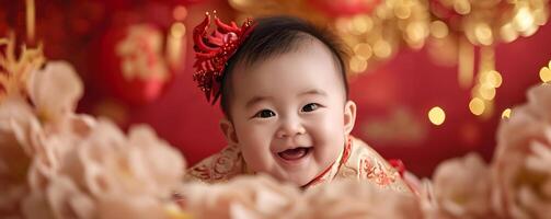 ai généré mignonne asiatique bébé dans chinois traditionnel robe. content chinois Nouveau année concept. photo