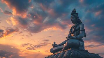 ai généré shiva Dieu statue à le coucher du soleil photo