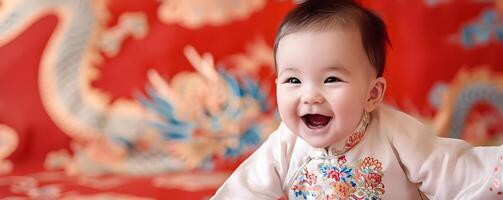 ai généré mignonne asiatique bébé dans chinois traditionnel robe. content chinois Nouveau année concept. photo