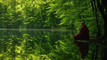 ai généré bouddhiste moine dans méditation à côté de une Lac dans le jungle photo