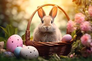 réaliste Pâques des œufs lapin panier de fleurs sur pastel jardin Contexte photo