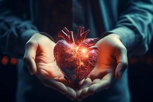 main en portant un anatomique Humain cœur modèle sur et simule le Humain corps avec organe systèmes pour étudiant éducation sur Humain cœur santé. photo