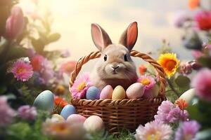réaliste Pâques des œufs lapin panier de fleurs sur pastel jardin Contexte photo