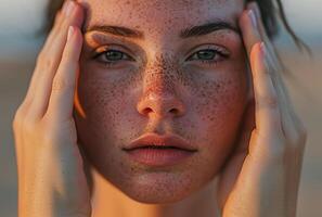 ai généré fermer portrait de une magnifique fille avec taches de rousseur sur sa visage photo