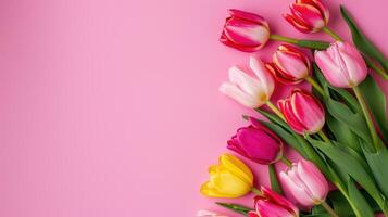 ai généré vibrant tulipe assortiment sur rose photo
