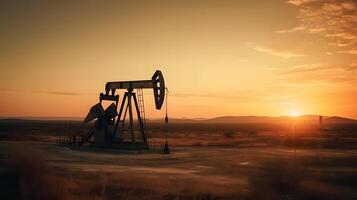 ai généré photo de brut pétrole Pumpjack plate-forme à le coucher du soleil. concept art de pétrole production ou problèmes de la nature protection