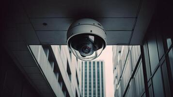 ai généré fermer de une vidéosurveillance caméra. constamment suivi gens ou social Sécurité concept photo