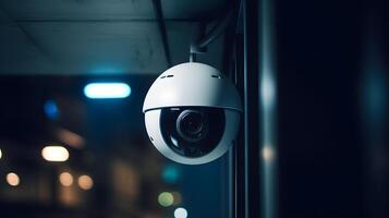 ai généré fermer de une vidéosurveillance caméra. constamment suivi gens ou social Sécurité concept photo