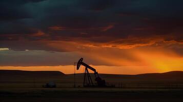 ai généré photo de brut pétrole Pumpjack plate-forme à le coucher du soleil. concept art de pétrole production ou problèmes de la nature protection