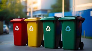 ai généré jaune, vert et rouge poubelle canettes avec recyclage symbole. le concept de la nature préservation et séparé déchets collection photo