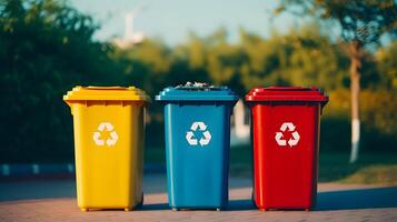 ai généré jaune, vert et rouge poubelle canettes avec recyclage symbole. le concept de la nature préservation et séparé déchets collection photo