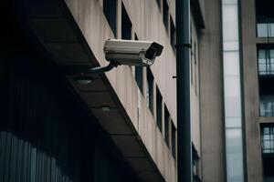 ai généré fermer de une vidéosurveillance caméra. constamment suivi gens ou social Sécurité concept photo