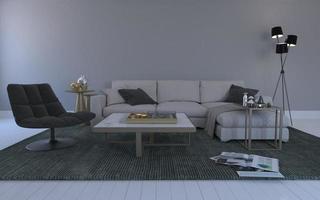 Rendu 3D d'un salon intérieur moderne avec canapé - maquette réaliste de canapé et de table photo