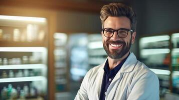 ai généré courtois souriant Masculin pharmacien dans blanc manteau assiste clients dans pharmacie fournir Conseil photo