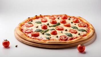 ai généré Pizza avec fromage et tomate isolé sur blanc Contexte photo