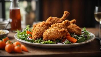 ai généré croustillant frit poulet sur une assiette avec salade et carotte photo