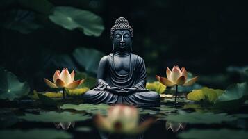 ai généré méditatif Bouddha statue entouré par épanouissement lotus dans calme des eaux de étang photo