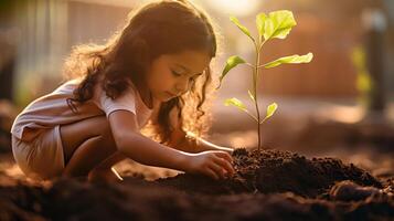 ai généré peu fille soigneusement les plantes arbre jeune arbre dans sol de lumière du soleil jardin création réconfortant scène photo