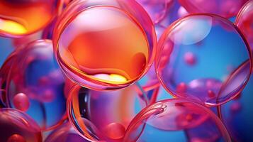 ai généré fascinant coloré pétrole taches et vibrant bulles comme dynamique abstrait arrière-plan, proche en haut vue photo